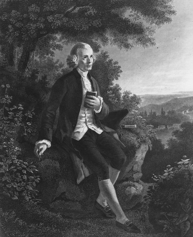 Un ritratto del filosofo francese Jean Jacques Rousseau a Ginevra: indossa cappotto, panciotto, parrucca, pantaloni al ginocchio e calze. Dall'Inghilterra la nuova moda si diffuse presto nel resto d'Europa e progressivamente il panciotto si accorciò fino ad arrivare alla vita, come oggi