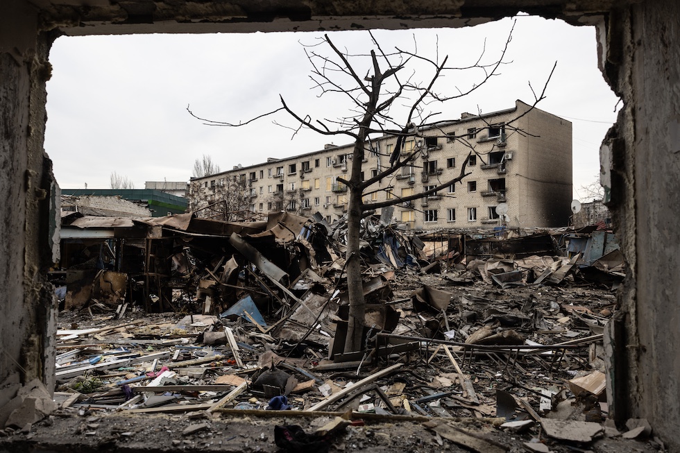 Edifici distrutti da un attacco russo Dobropillia, nell'est dell'Ucraina (Paula Bronstein / Getty Images)
