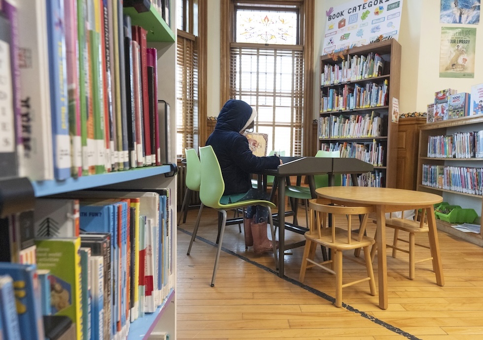 La linea che segna il confine tra Stati Uniti e Canada all'interno della Haskell Free Library and Opera House