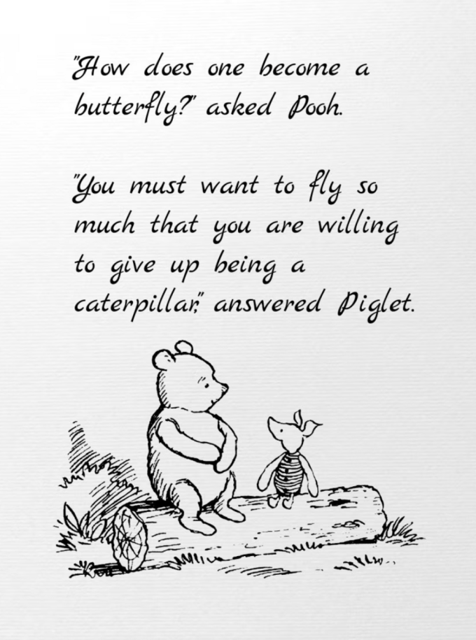 Illustrazione con WInnie the Pooh che chiede a Pimpi «Come si diventa una farfalla?» e Pimpi che risponde «Devi desiderare di volare così tanto da essere disposto a rinunciare di essere un bruco»