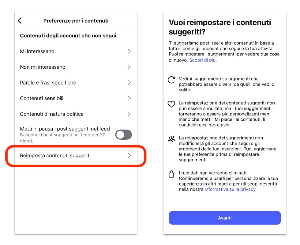 Due schermate che mostrano i passaggi per attivare il reset dell'algoritmo 