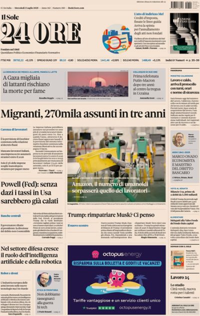 Prima pagina Il Sole 24 ore