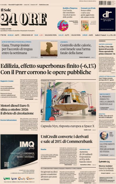 Prima pagina Il Sole 24 ore