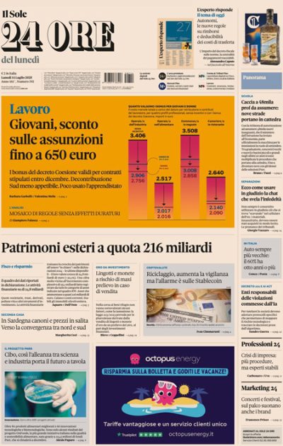 Prima pagina Il Sole 24 ore