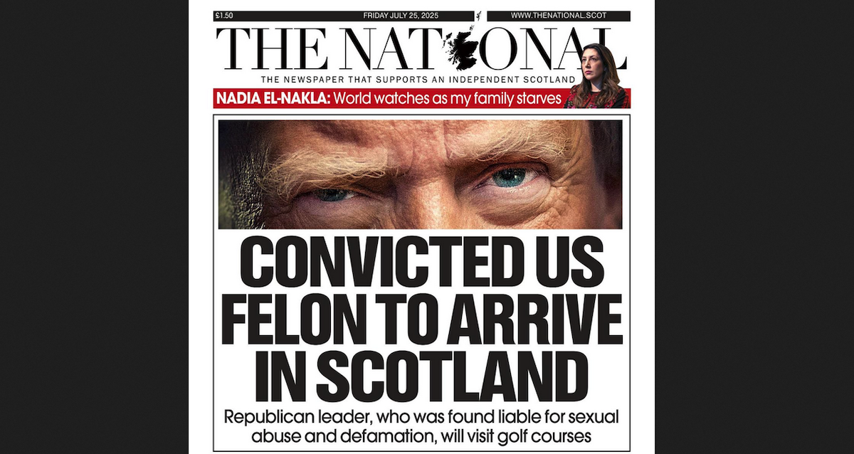Leggi l'articolo: La prima pagina del giornale scozzese National sulla visita del «pregiudicato statunitense» Trump