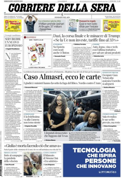 Prima pagina Corriere della sera