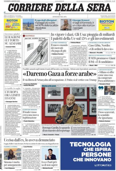 Prima pagina Corriere della sera