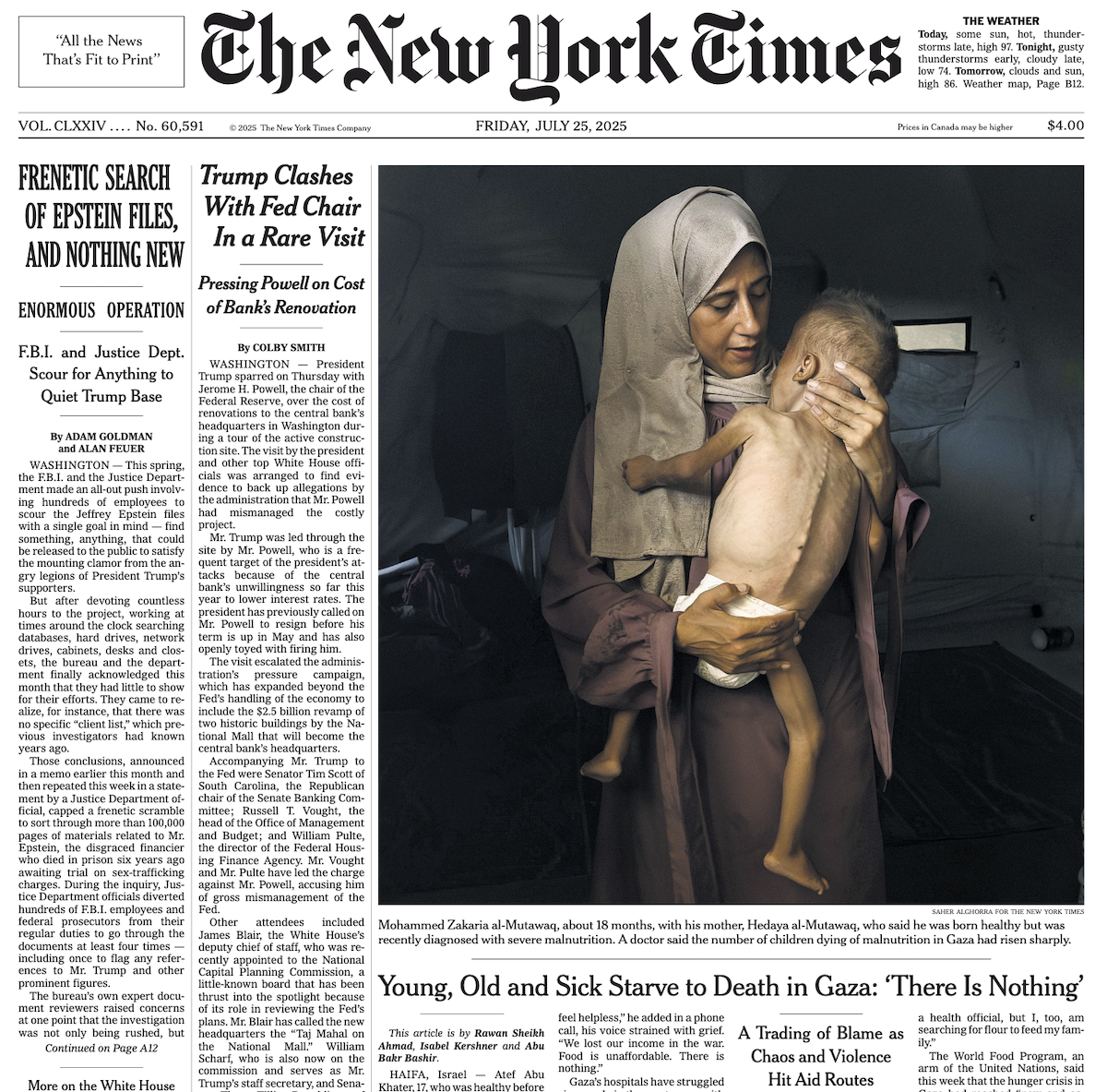 La prima pagina del New York Times del 25 luglio 2025
