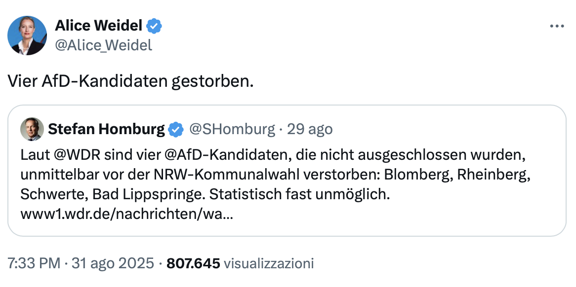 Weidel tweet candidati morti