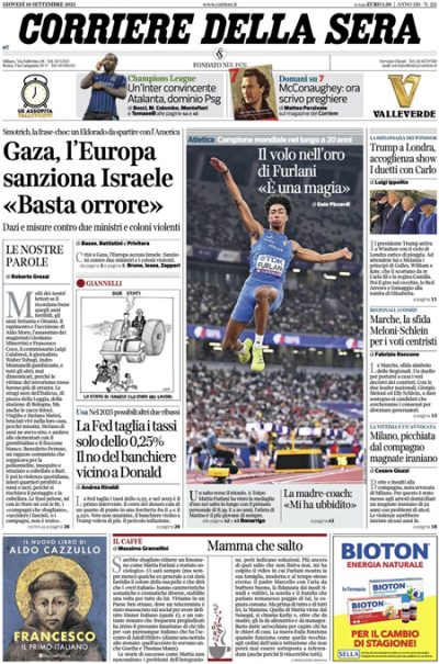 Prima pagina Corriere della sera