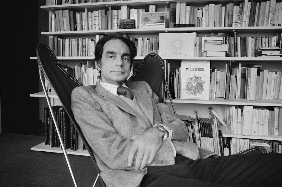 Calvino seduto su una poltrona, con una libreria alle sue spalle