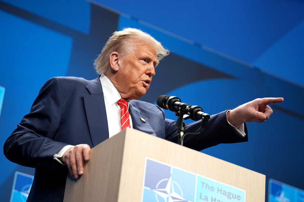 Donald Trump durante una conferenza stampa alla riunione NATO dell'Aia, giugno 2025 