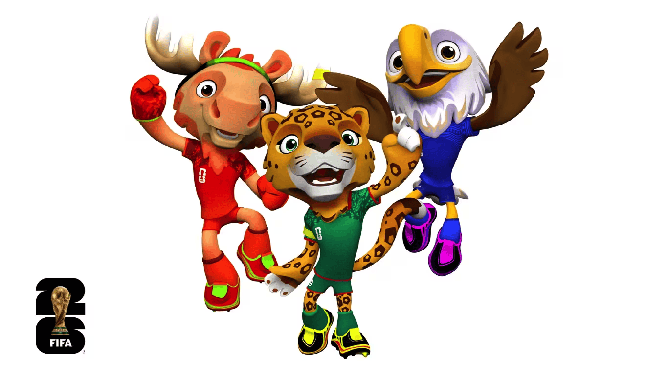 Le tre mascotte dei Mondiali di calcio 2026. Da sinistra a destra: Maple, Zayu e Clutch (FIFA)