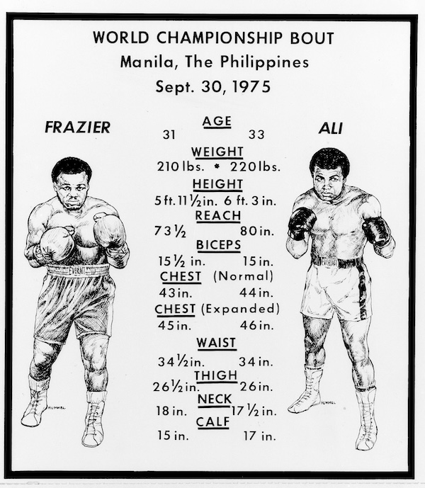 Un poster che confronta Ali e Frazier prima dell'incontro di Manila, 30 settembre 1975 (AP Photo)