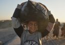 Un ragazzino trasporta una borsa sulla testa, mentre si dirige lungo il litorale verso la città di Gaza