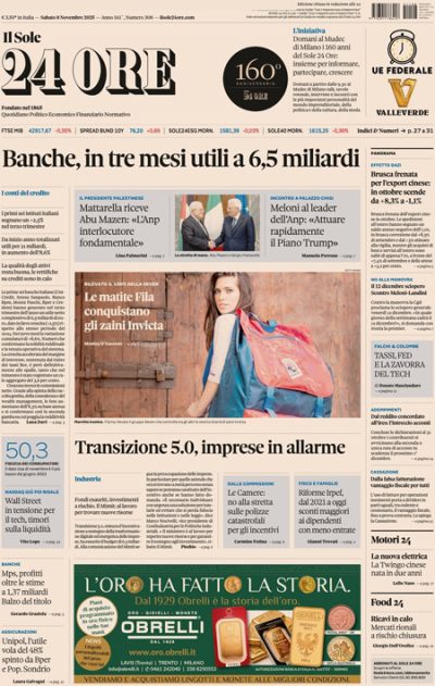 Prima pagina Il Sole 24 ore
