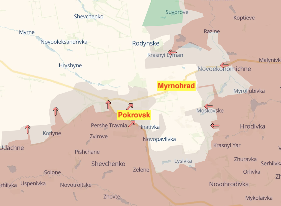 L'accerchiamento di Pokrovsk e di Myrnohrad al 13 novembre 2025, mostrato dal sito ucraino DeepState