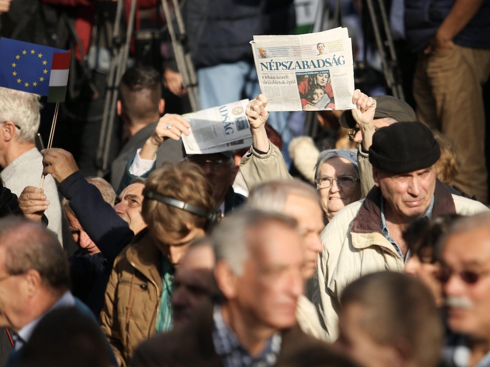 Demonstration against the closure of Nepszabadsag, with newspaper copies, in October 2016 in Budapest 