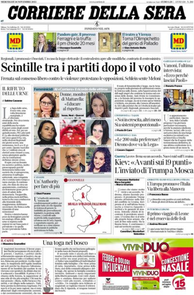 Prima pagina Corriere della sera