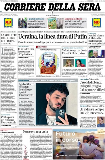 Prima pagina Corriere della sera