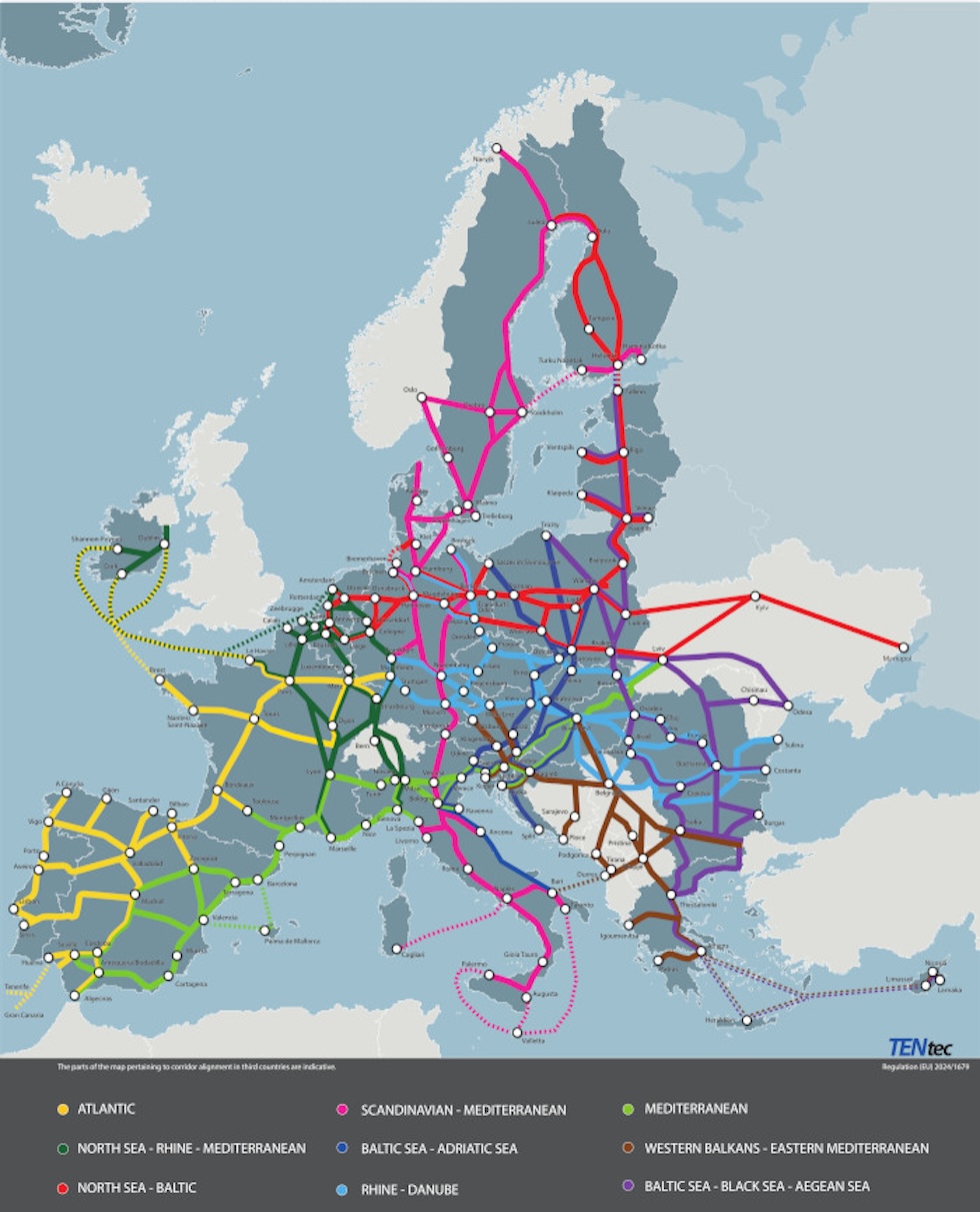 La mappa dei corridoi europei individuati dal piano TEN-T 