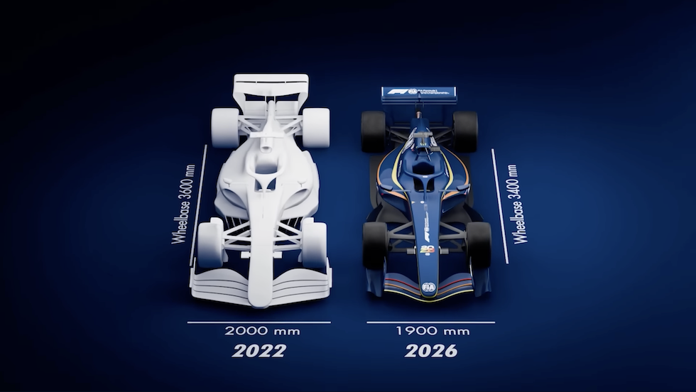 Una monoposto del 2022 a sinistra e una del 2026 a destra. Il 2022 è stato l'ultimo anno in cui le macchine subirono cambiamenti significativi, nonché quello da cui uscirono le monoposto più grosse e pesanti della storia della competizione.