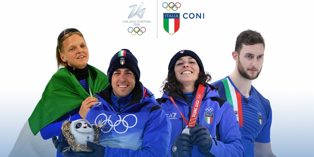 I quattro portabandiera dell'Italia: da sinistra Arianna Fontana, Amos Mosaner, Federica Brignone e Federico Pellegrino (Collage dal sito del CONI)