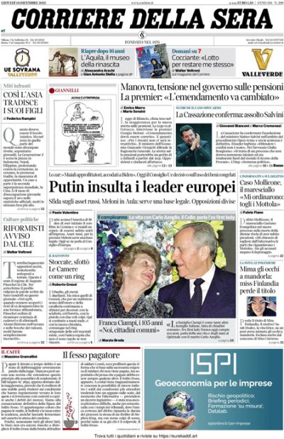 Prima pagina Corriere della sera
