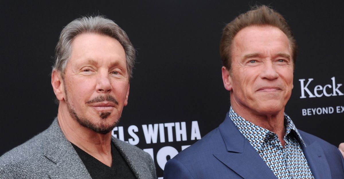 Il fondatore di Oracle Larry Ellison (a sinistra) insieme all'attore Arnold Schwarzenegger a Santa Monica, California, 11 maggio 2016&nbsp; (Gregg DeGuire/WireImage)