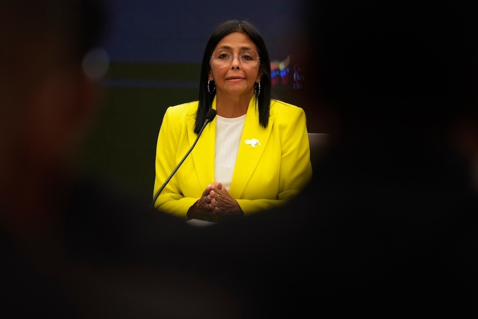 La vicepresidente venezuelana durante una conferenza stampa di marzo a Caracas