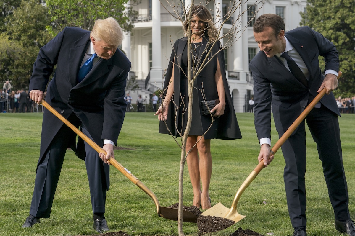 Donald Trump ed Emmanuel Macron piantano insieme un albero alla Casa Bianca, nel 2018. (AP/Andrew Harnik)