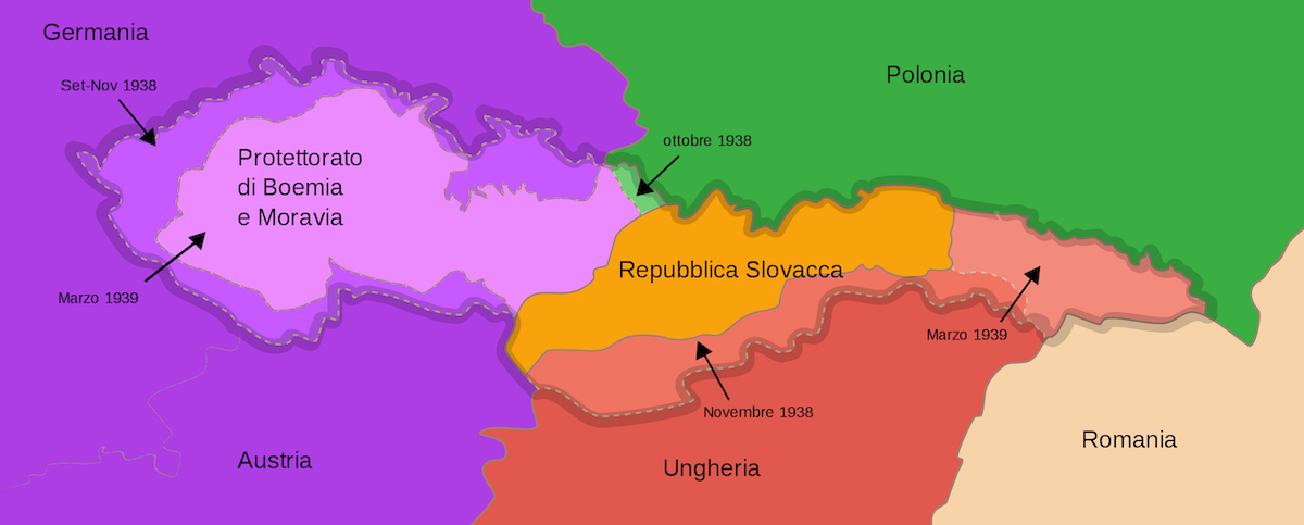 La spartizione della Cecoslovacchia tra il 1938 e il 1939 (Wikimedia Commons)