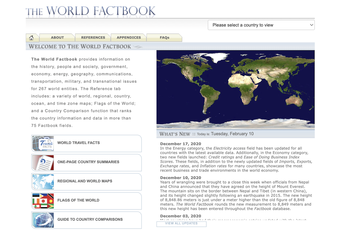 Una copia della vecchia pagina principale del World Factbook della CIA, nel 2020