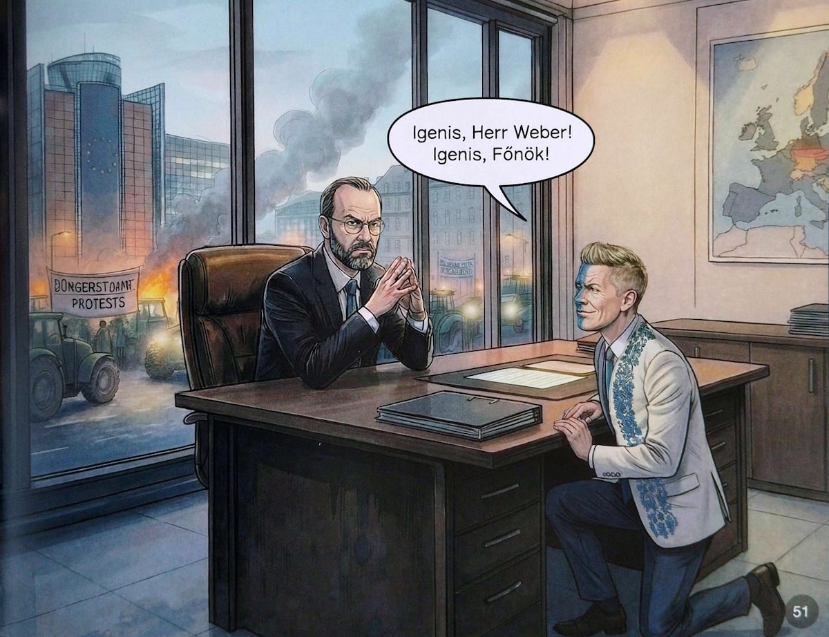 Péter Magyar a colloquio con il presidente del Partito Popolare Europeo, Manfred Weber, a Bruxelles. Da notare l'atteggiamento servile di Magyar, che di fronte a Weber è in ginocchio.