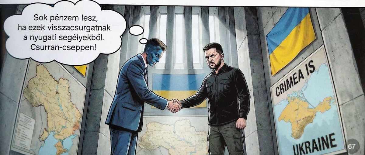 Una vignetta del fumetto “Io, Due Facce”, che mostra Péter Magyar insieme a Zelensky.