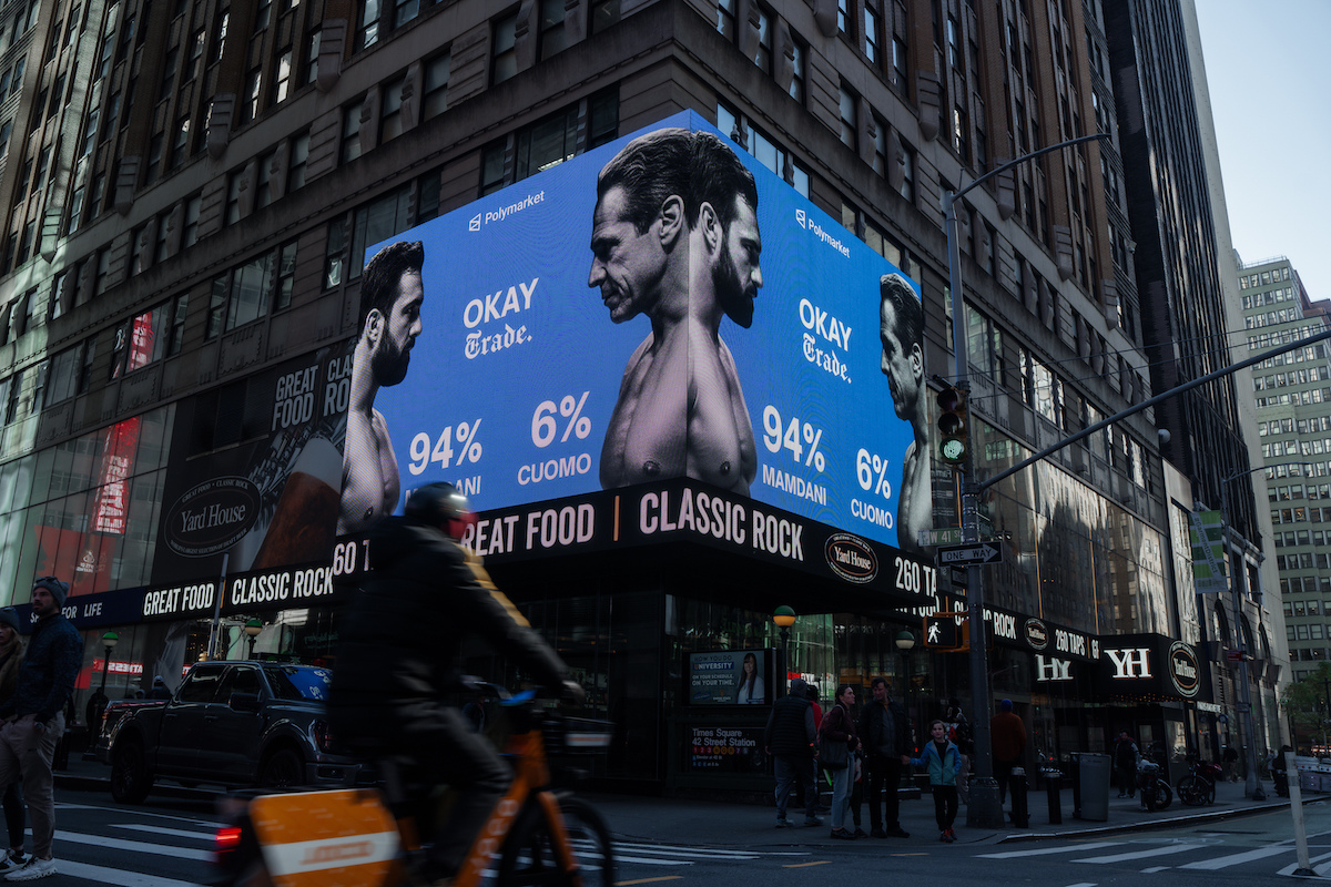 Una pubblicità di Polymarket a New York (AP Photo/Olga Fedorova, File)