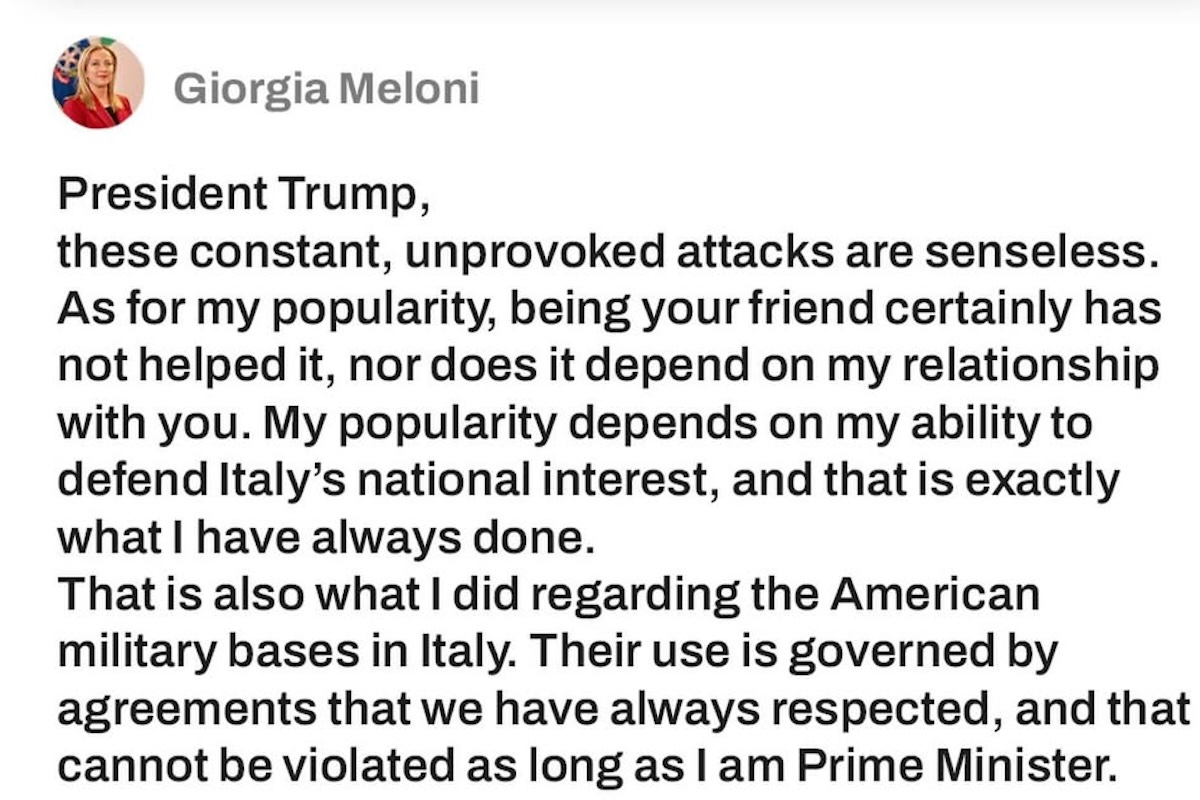 Leggi l'articolo: Il post di Giorgia Meloni che invitato Trump a pensare alla sua, di popolarità