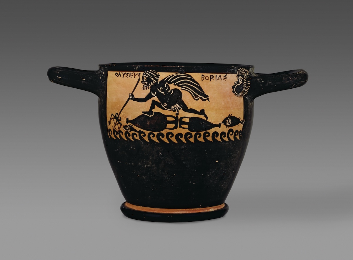 Un vaso a figura nera che raffigura Ulisse in mare con Circe