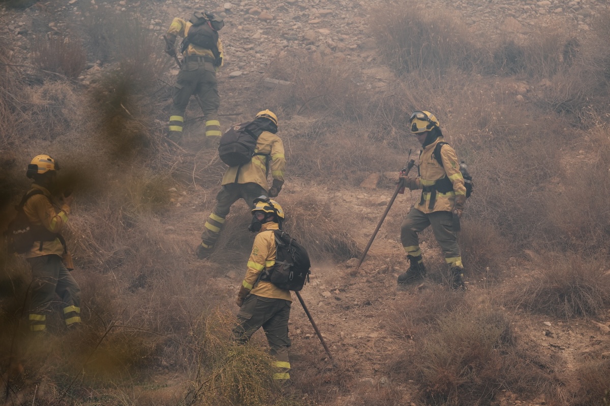 Alcuni pompieri a lavoro per contenere l'incendio a Los Gallardos, il 10 luglio 2026 (AP/Gregorio Marrero)