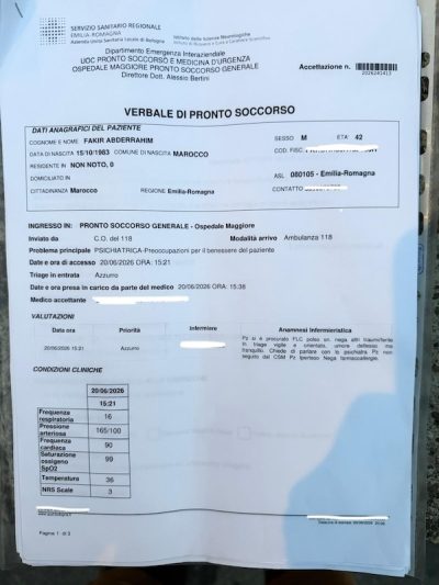Il verbale del pronto soccorso del 20 giugno 2026, che mostra che Fakir aveva chiesto di parlare con uno psichiatra