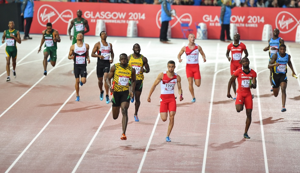 Usain Bolt della Giamaica durante la staffetta 4x100 ai Giochi del Commonwealth di Glasgow, nel 2014 (Roger Sedres/Gallo Images)