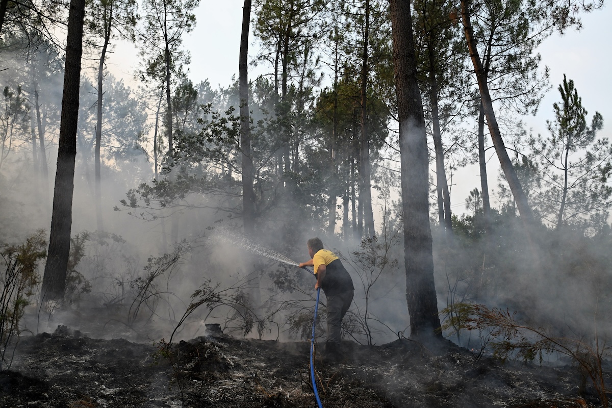 Un abitante cerca di spegnere l'incendio che sta bruciando il bosco dall'altra parte della strada rispetto a casa sua, in un paese vicino a Bordeaxu (AP Photo/Emma Da Silva)