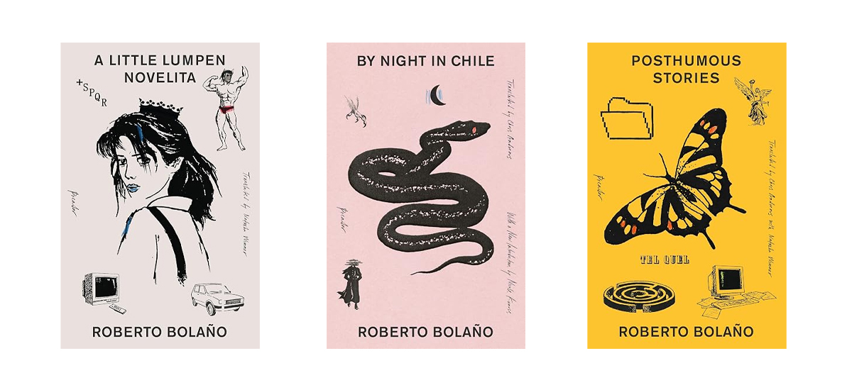 Le copertine disegnate dall’artista Michael Schmelling per le edizioni inglesi di tre libri di Roberto Bolaño (Un romanzetto lumpen, Notturno cileno e una raccolta di racconti) ripubblicati dall’editore Picador tra il 2024 e il 2025