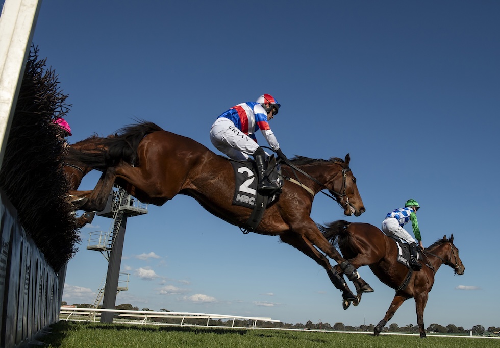 Un sorpasso durante la corsa ippica "Melbourne Racing" all’ippodromo di Sandown (Vince Caligiuri/Getty Images)