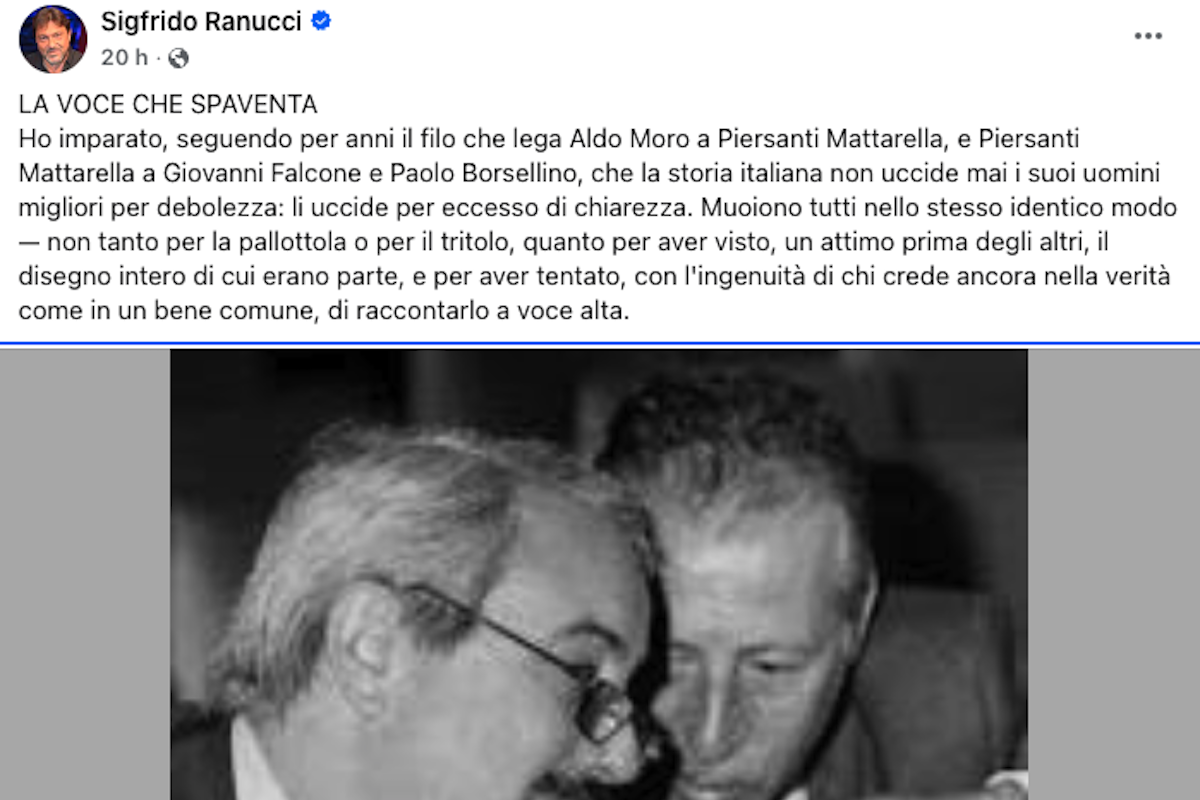 Leggi l'articolo: Il post in cui Sigfrido Ranucci si paragona a Giovanni Falcone e Paolo Borsellino