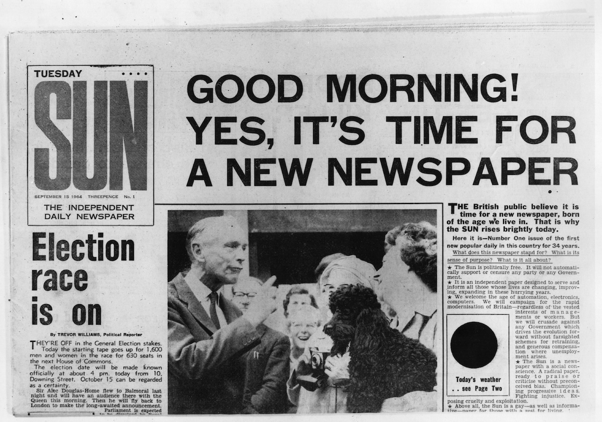 La prima pagina della prima edizione del Sun, il 15 settembre 1964