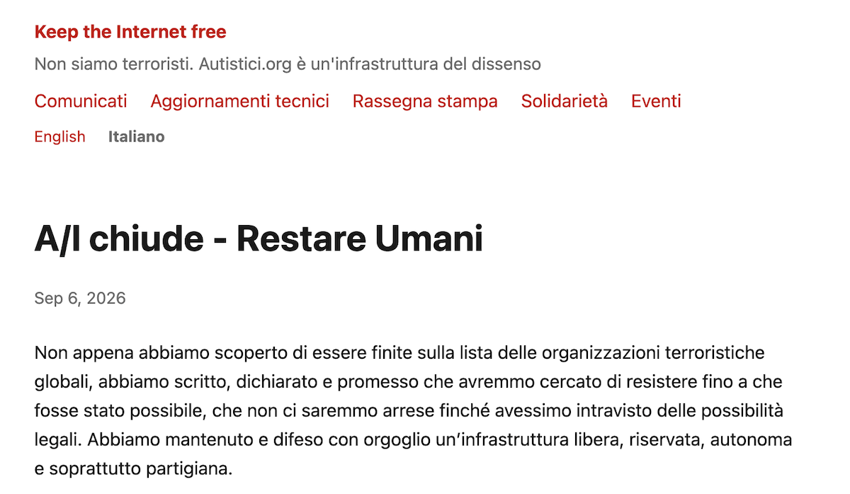 Il collettivo italiano Autistici/Inventati ha detto che chiuderà per via delle sanzioni imposte dagli Stati Uniti