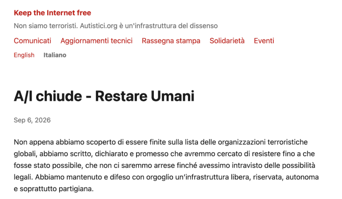Il collettivo italiano Autistici/Inventati ha detto che chiuderà per via delle sanzioni imposte dagli Stati Uniti