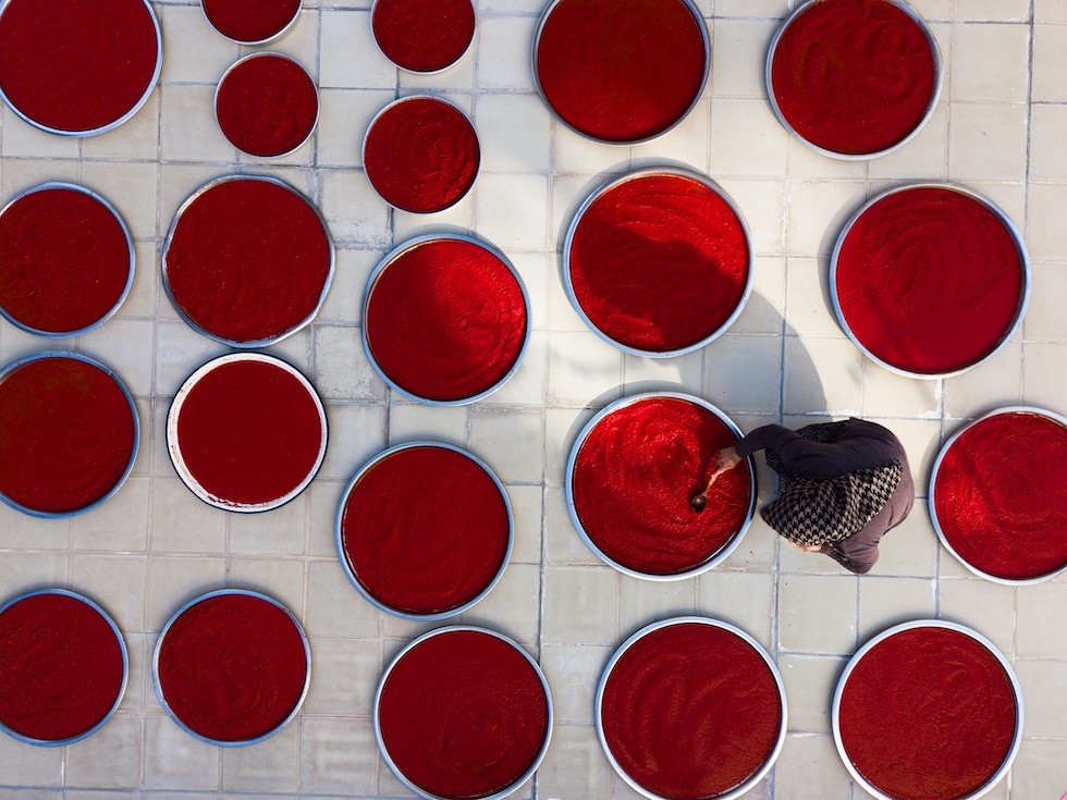 Una fase della lavorazione del concentrato di pomodoro e peperone, ingrediente fondamentale della cucina locale, preparato per l’inverno secondo la tradizione (Beytullah Eles/Anadolu via Getty Images)