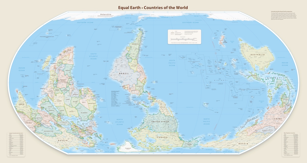 Un planisfero creato con la proiezione Equal Earth, con l’America al centro e il sud del mondo nella parte superiore